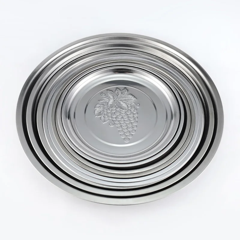 Luxury stainless steel round service tray grape embossing service dish food tray