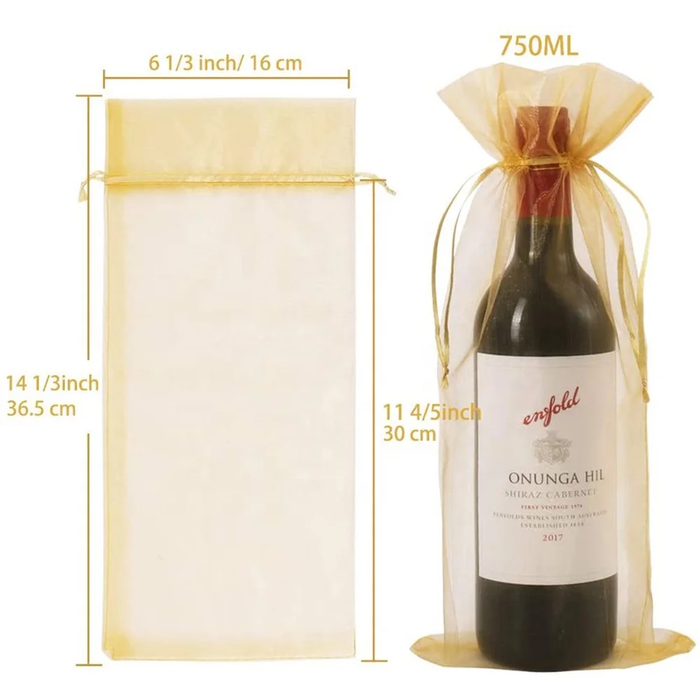 Custom Wine Pouch Gift Drawstring Screen Printing Party Wedding Organza Wine Bag