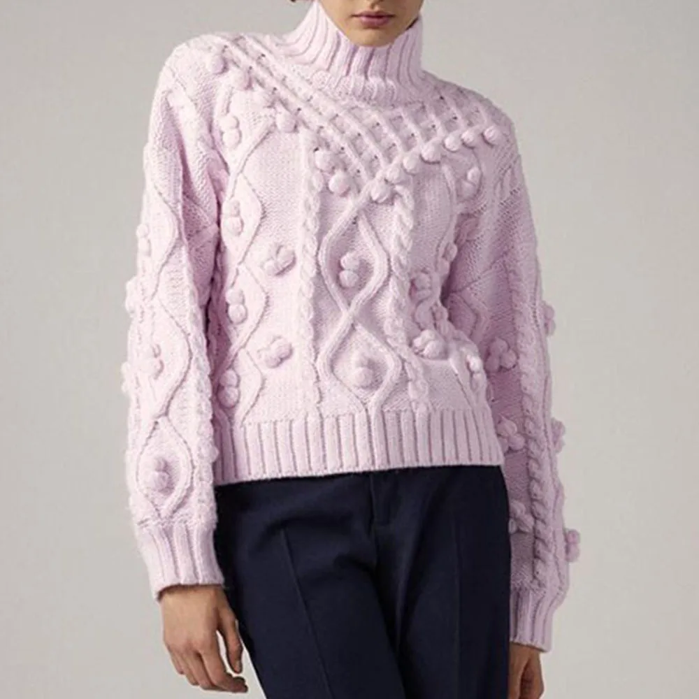 Зимний мешковатый свободный трикотажный женский розовый пуловер с рукавами-фонариками и вышивкой