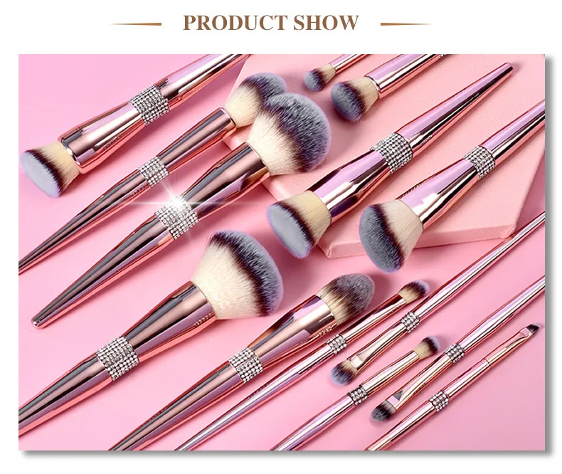 Factory Wholesale Custom 12PCS Luxury Glitter Diamond Bling Private Label Makeup Brush Rose Gold Makeup Brushes Set