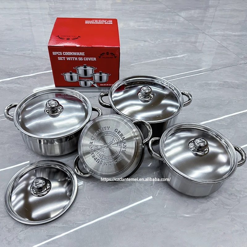 High Quality Factory 8 Pieces Kitchen Cooking Pot Set  Luxury Stainless Steel Cookware Sets
