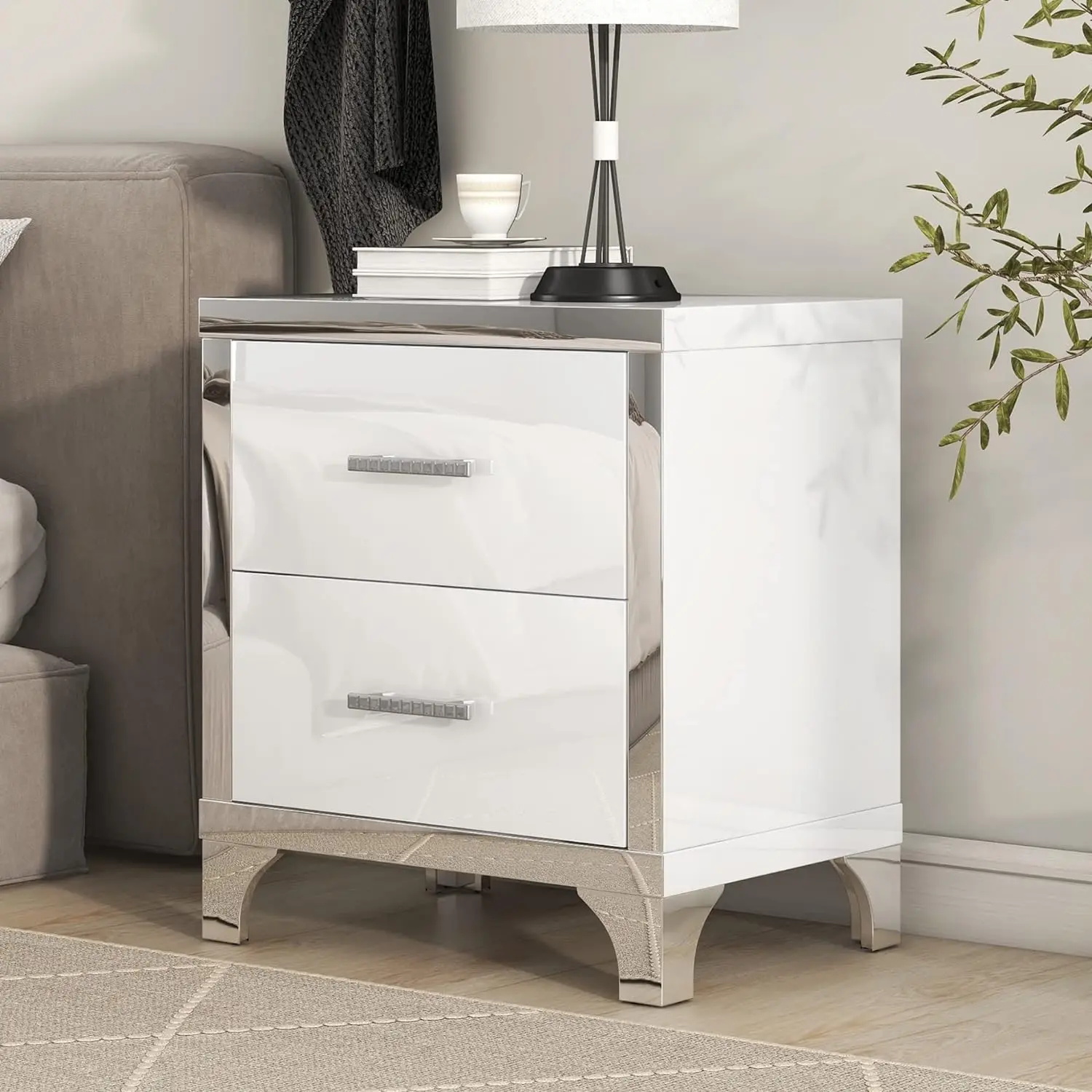 Modern Bedroom End Table Sofa Side Table Elegant High Gloss White Nightstand Mirrored 2 Drawer Bedside Table
