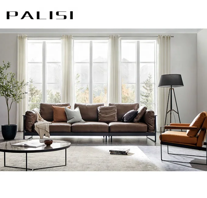 Frosted Steel Frame Leather Sofa 3-seater Italy Minimalist Style Sofa 4 seater Real Pure Leather couch chesterfield set