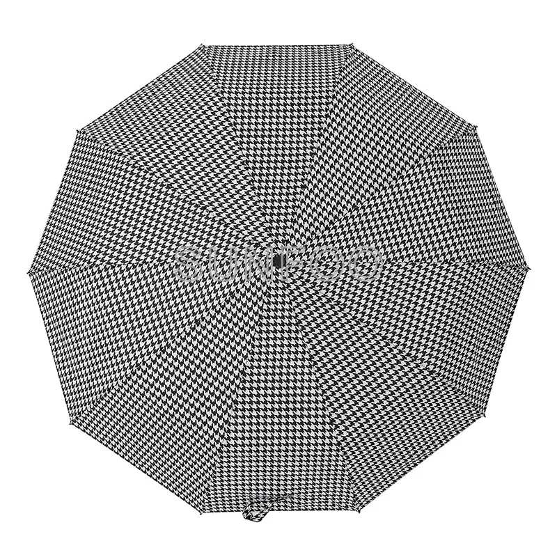 Super Fashion Houndstooth Design Compact Travel Rain Auto 3 Fold Umbrella