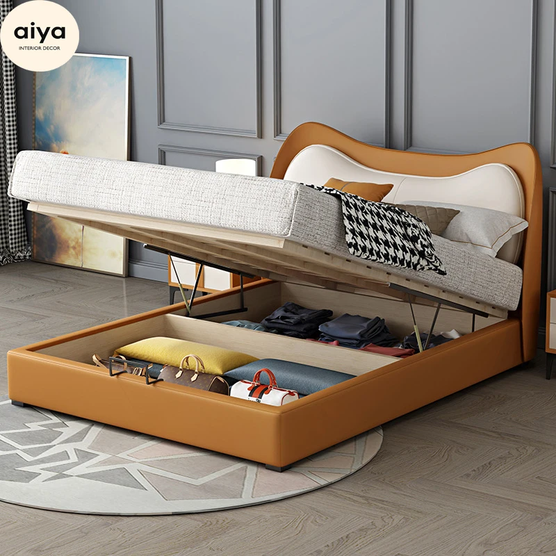 Italian Luxury Contrast Color leather upholstered soft bed child bed with storage