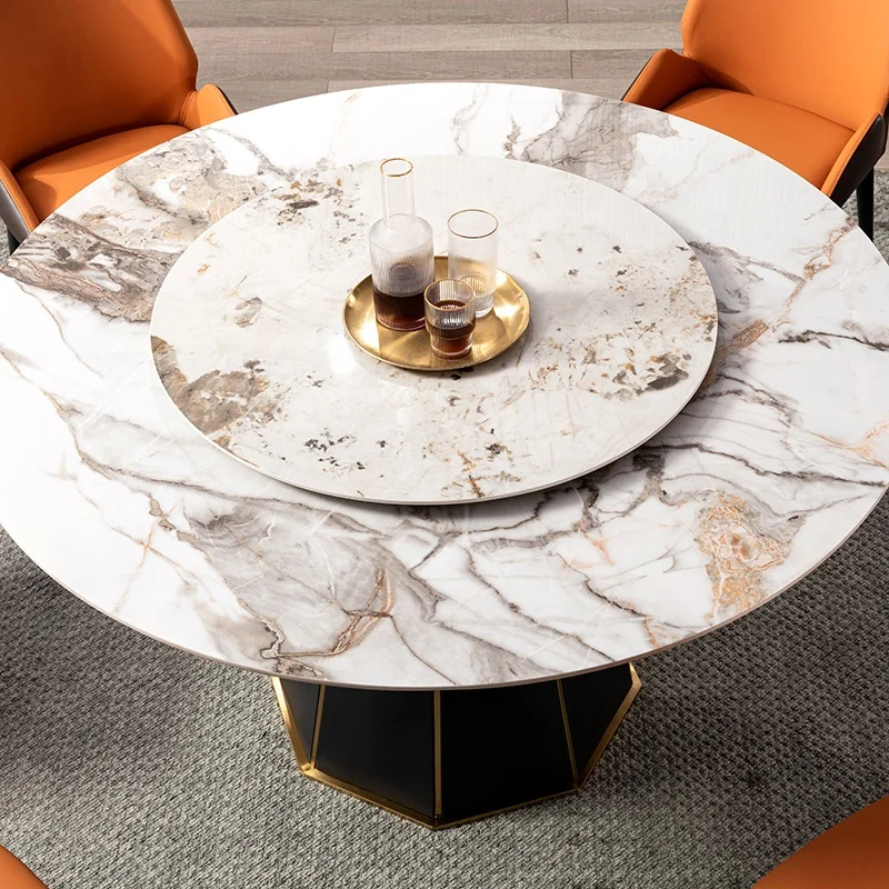 Luxury New Household Sintered Stone Round Iron Rotating Centre White Marble Dining Table