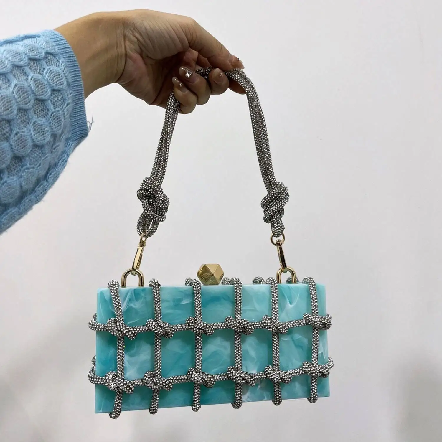 Fashion New Hot sale women colorful acrylic clutch bag with rhinestone strap box girls evening purse