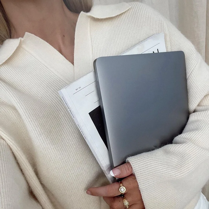 Повседневный осенний свободный однотонный простой тонкий свитер средней длины с длинным рукавом и V-образным вырезом Женская Вязаная рубашка