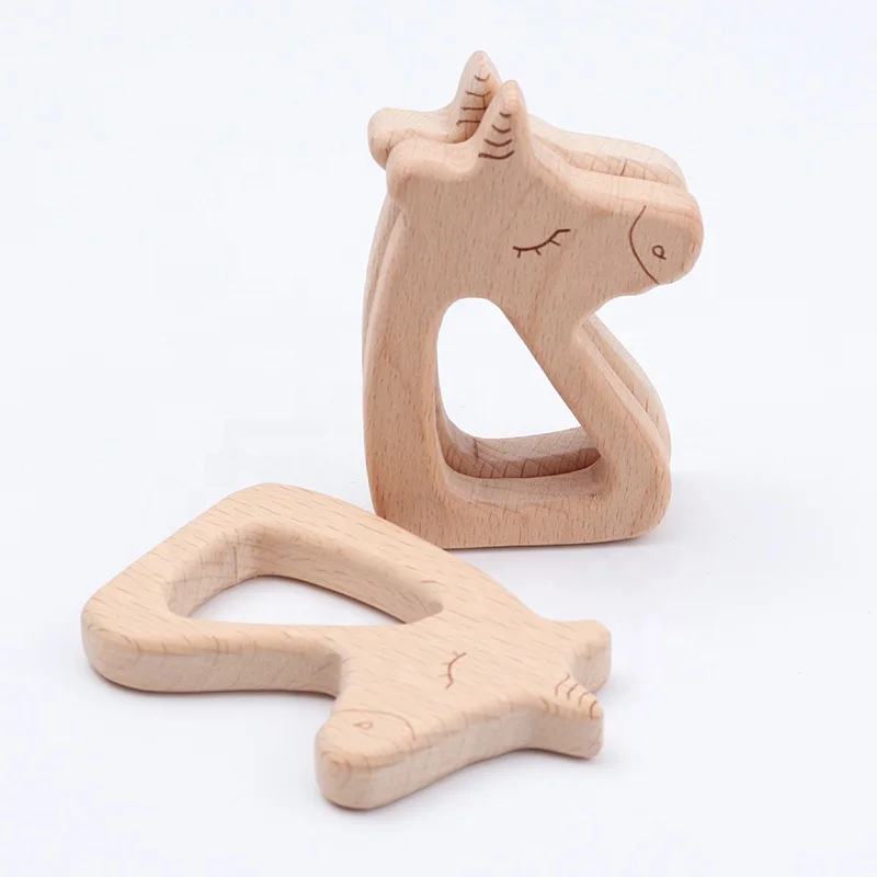 High Quality Diy Jewelry laser engraving Beech Animal Horse Baby Teether Toy Animal wooden teething toy