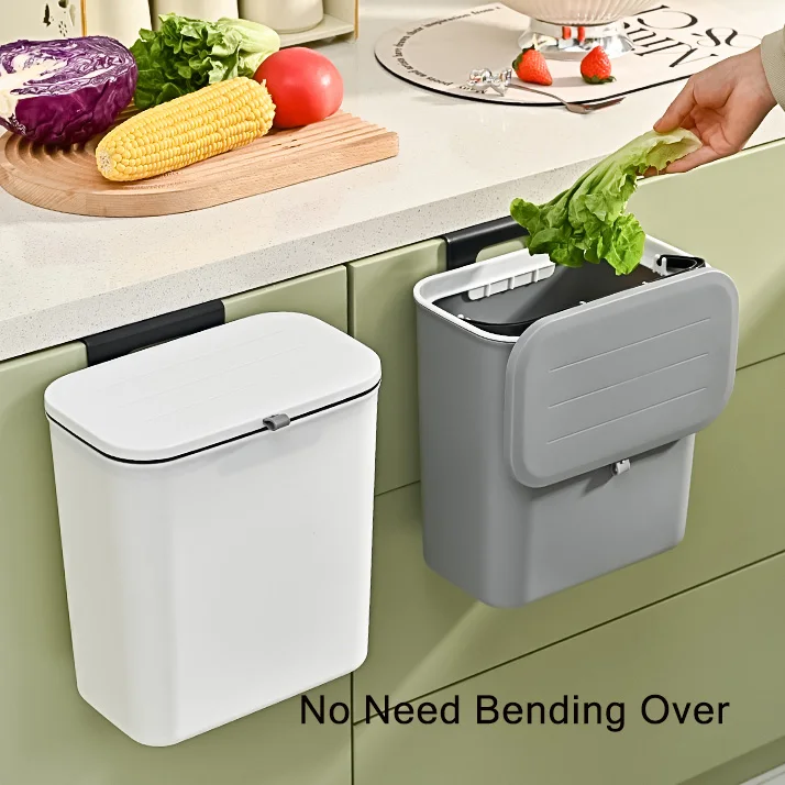 Waterproof PP 9L Wall Mounted Waste Bin Slide Open Kitchen Hanging Trash Can Bin with Lid Sustainable Kitchen Cabinet Cover