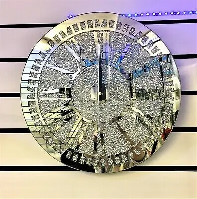 Amazon hot selling Living room square crystal border silver /black /smoked grey wall mirror clock decorative