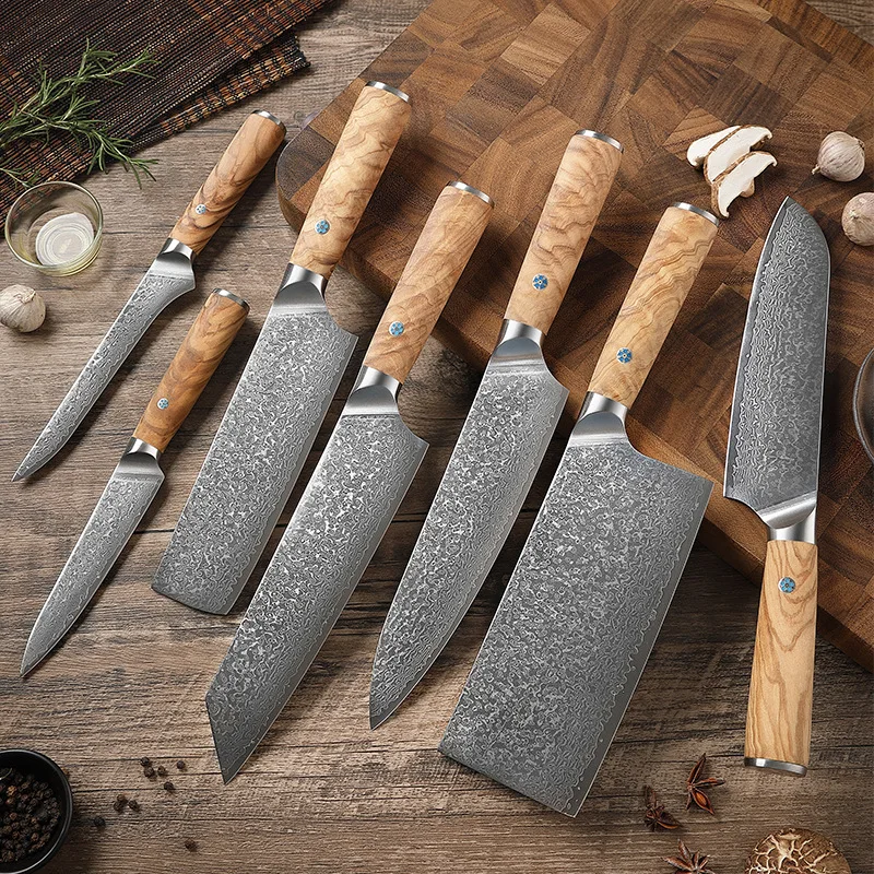 Professional Cooking Tools 7Pcs Olive Wood Handle Damascus Steel Santoku Utility Boning Chef Knife Kitchen Knife Set