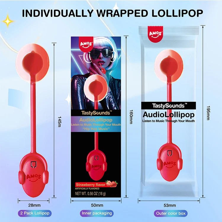 Amos Tastysounds Strawberry Flavor Hard Candy Toy Pop Music Lollipop