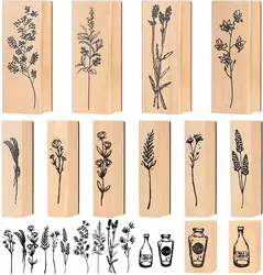 Vintage Wooden Rubber Stamps Sets Plant and Flower Decorative Rubber Wooden Stamps for Card Making, DIY Craft, Scrapbooking
