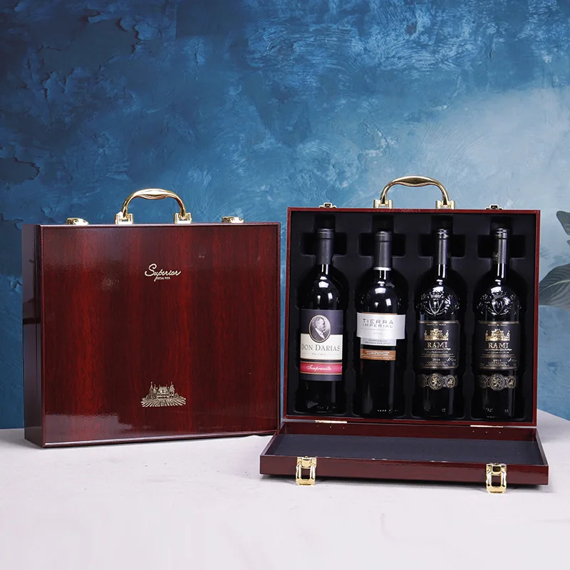 Premium Handmade Wooden Wine Box Set Single Bottle Gift Case Secure Hinged Lid Bamboo Case Tools Embossed Stamping Wine Storage