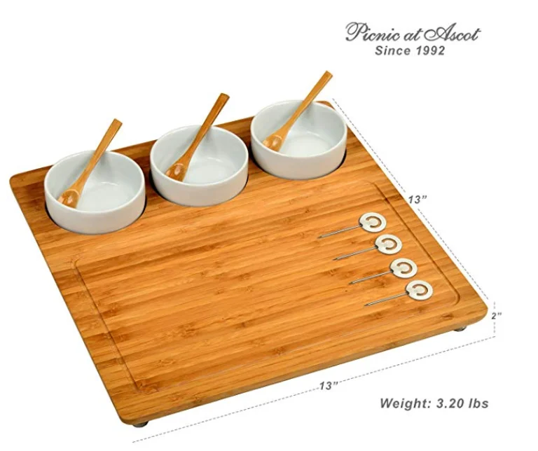 Engraved Bamboo Cheese Board Wood Cutting Board for Cheese & Charcuterie Platter includes Knives Ceramic bowl Cheese Markers