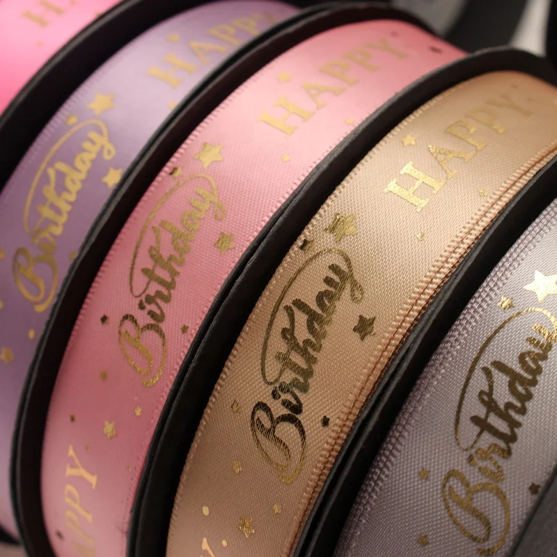 Midi Ribbons Custom Logo Names Roll Sale Double Faced Gold Foil Print Satin Organza Happy Birthday Gift Ribbon