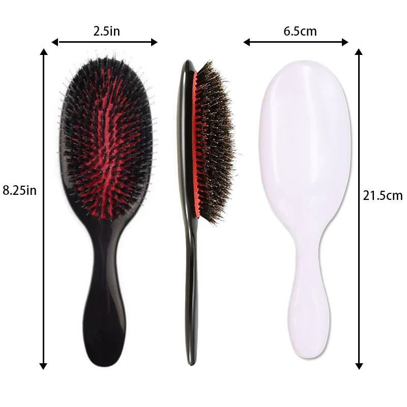 Customized Black Handle Plastic Oval Paddle Massage Scalp Comb Boar Nylon Bristle Detangling Hairbrush Hair Extension Wig Brush