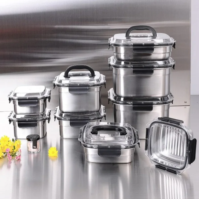 Stainless Steel Food Storage Containers Square Preservable Lunch Box with handle for Kitchen Household Fresh Box eco-friendly