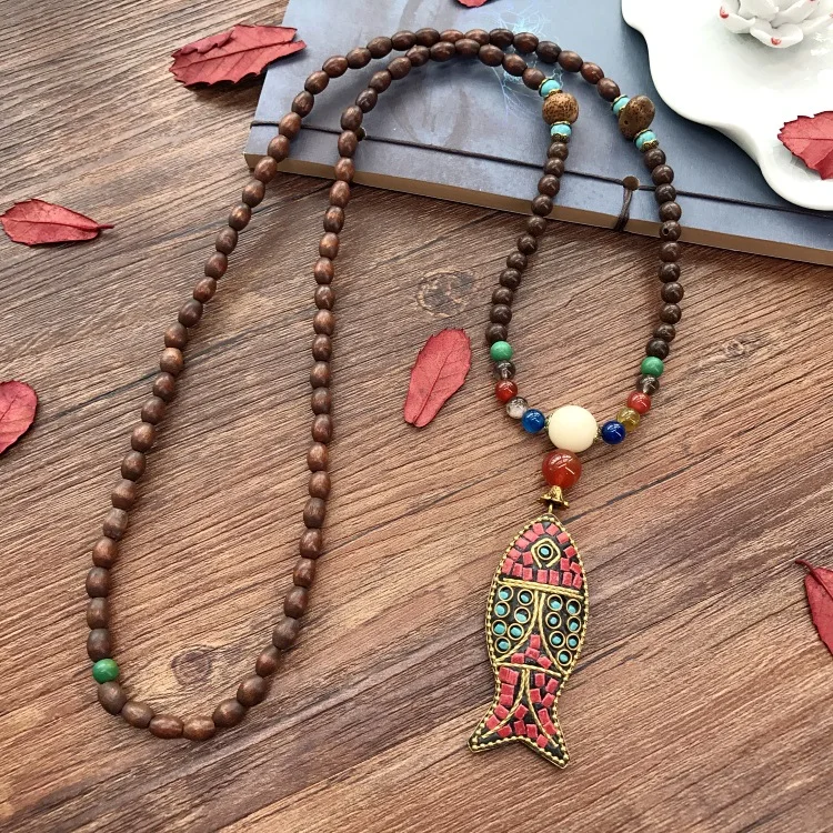 Wholesale Women Vintage Nepal Ethnic Style Fish Pendant Long Handmade Beaded Necklace Prayer Jewelry