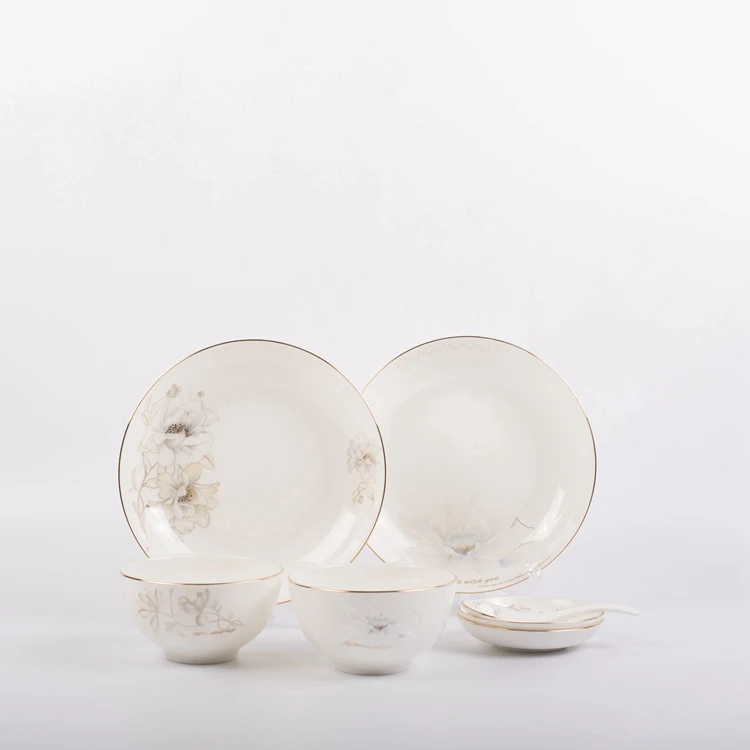 Высококачественная Роскошная фарфоровая керамическая кухонная утварь с золотым ободком и цветочными наклейками тарелка миска набор посуды
