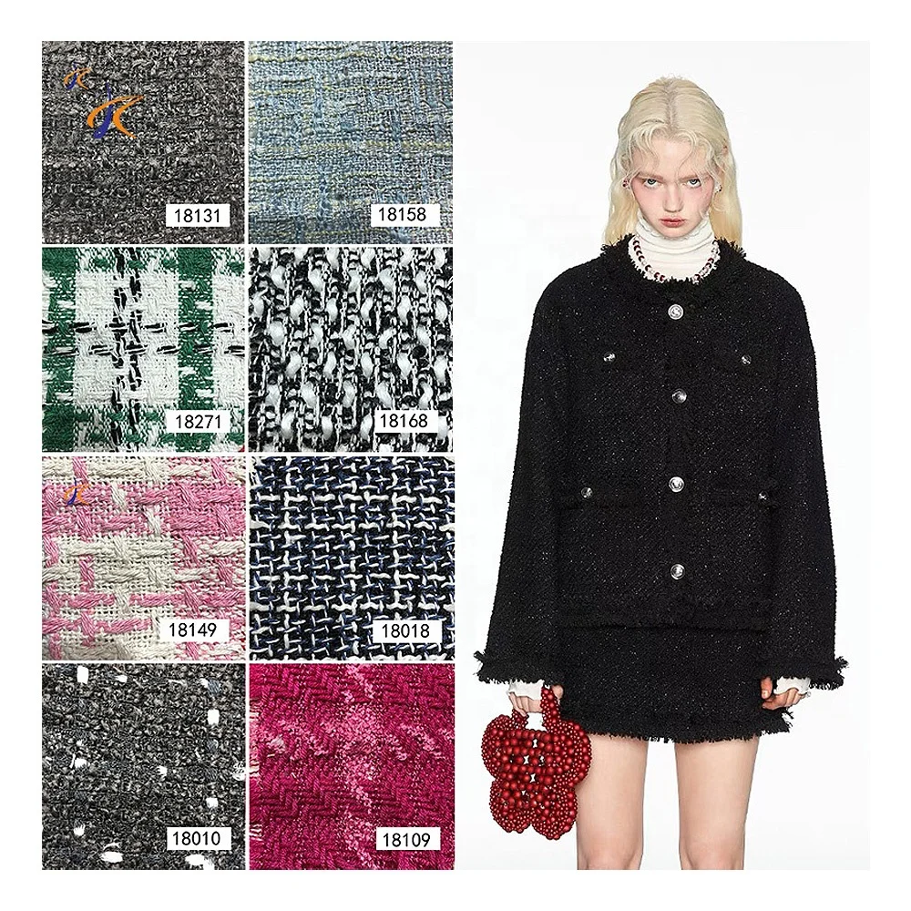 Wholesale red and green plaid fabric high quality poly jacquard luxury tweed woolen check suit wool fabric