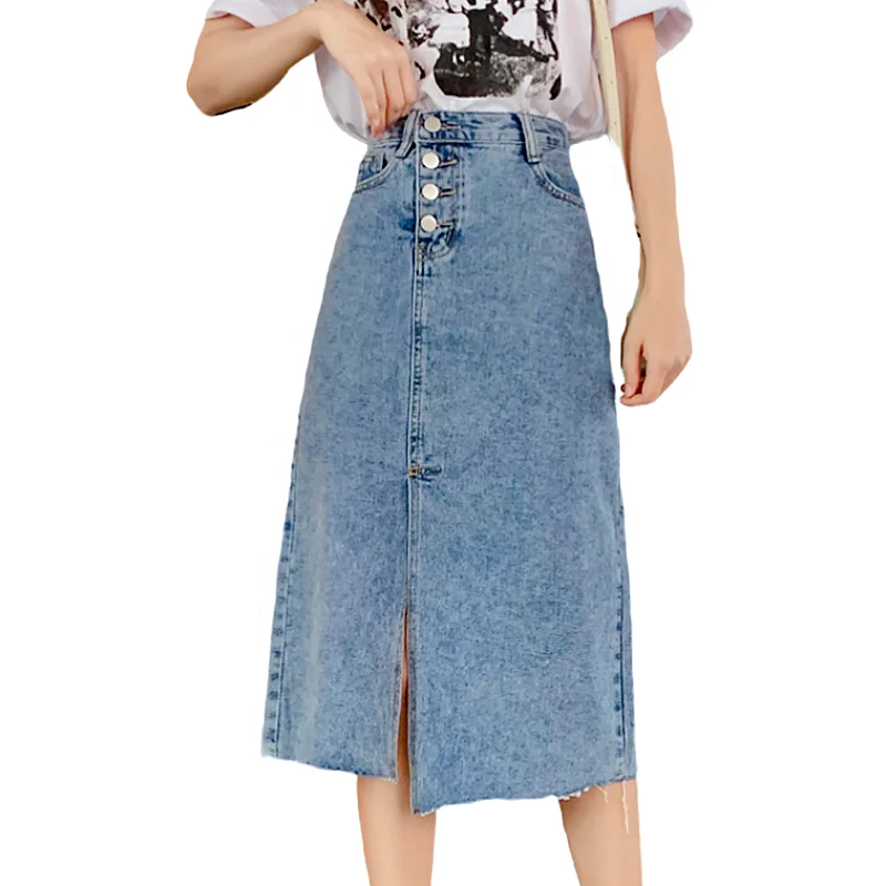 2023 Women Ripped Midi Denim Skirt in Cotton Class Washed Denim Mini Skirts Ladies midi skirt