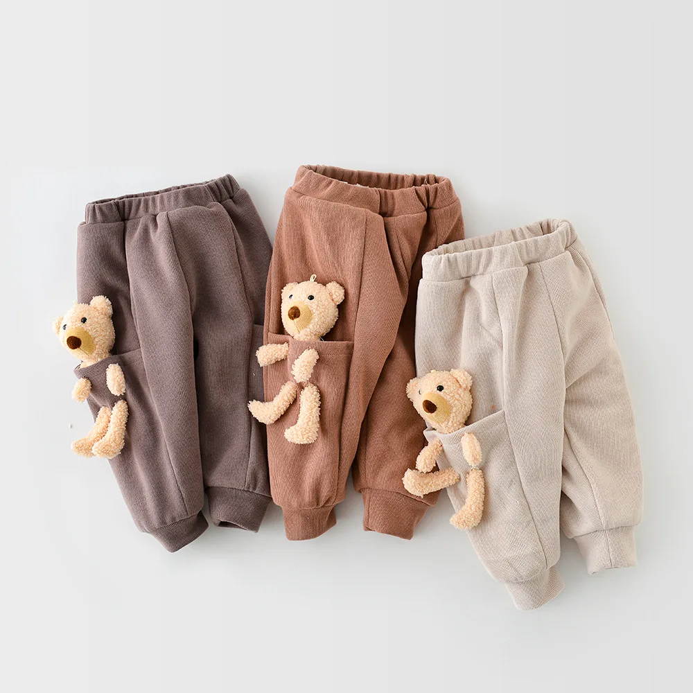 
Winter New Boys Girls Clothes Baby Solid Color Pocket Bear Leggings Plus Velvet Thick Pants 
