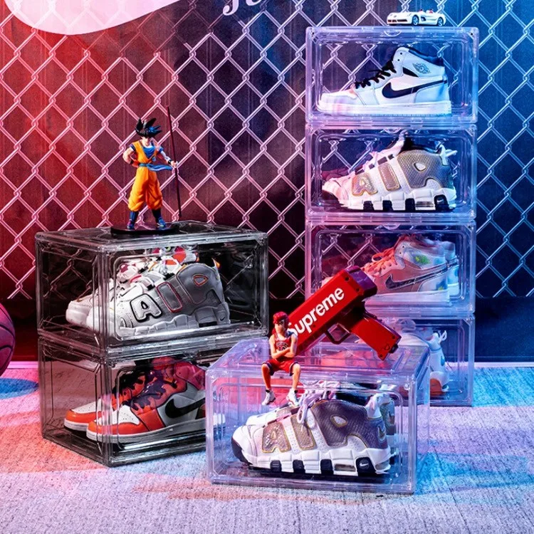 Fashion PET Basketball Sports Shoe Organizer Plastic Magnetic Side Open Stackable Folding Clear Display Shoe Storage Box