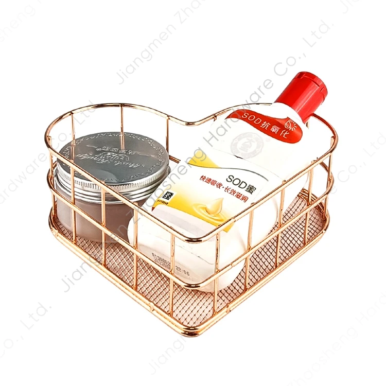 Heart-shaped Rose Gold Metal Wire Mesh Organizer Box Sundries Cosmetic Jewelry Desktop Storage Basket for Home Office