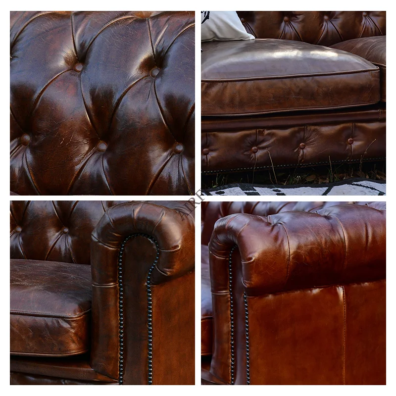 Vintage Genuine Leather Chesterfield Sofa Set for Living room Hotel Club Furniture
