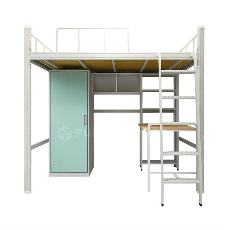 Dorm Metal Bunk Bed Full Size Steel Loft Bed with Desk and Wardrobe for Teens Adults Bedroom
