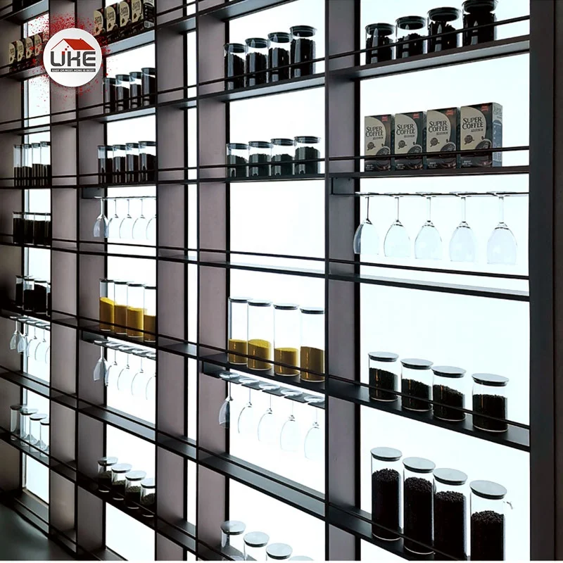 Wine Cabinet Aluminum Shelf With Hanging Cup Holder Minimalist Kitchen Shelving Built-In Led Light Wines Storage Rack