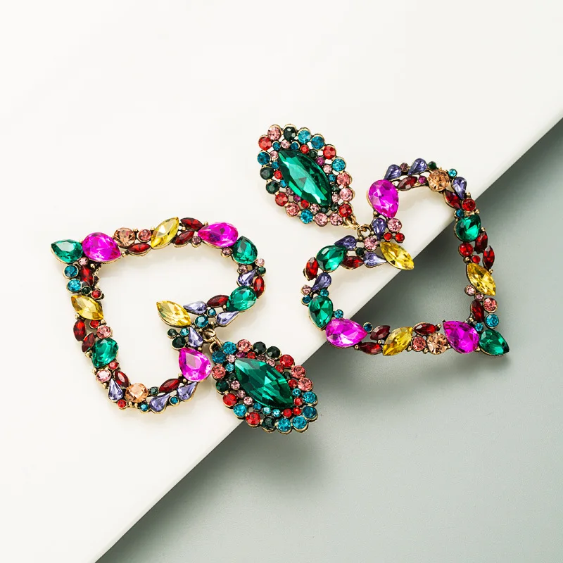 Exaggerated Heart-Shaped Alloy Color Full Diamond Earrings Women Fashion Temperament S925