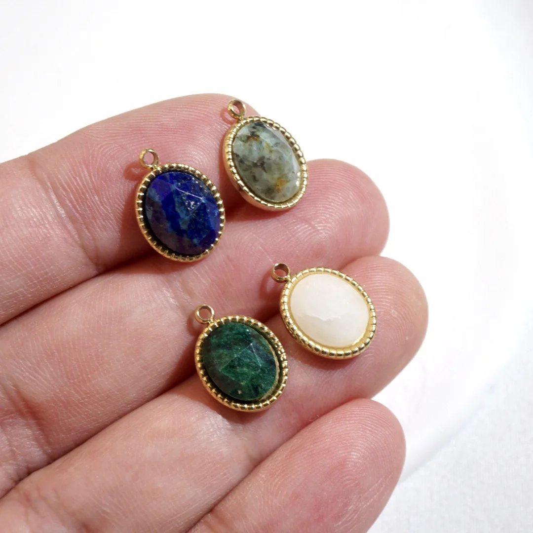 10.5*15mm Healing Natural Stone Pendant Stainless Steel 14K Gold Vacuum Plated Oval Pendants & Charms DIY Jewelry Making