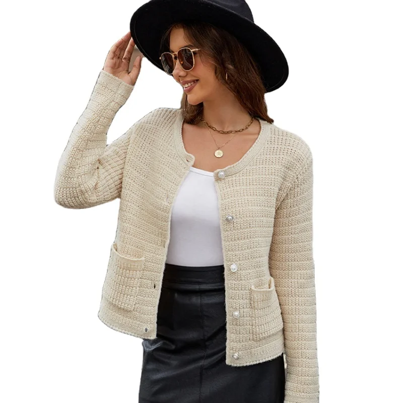 Wholesale Boutique Ladies Jacquard Round Neck Knitted Cardigan Women Spring Autumn French Loose Short Sweater Jacket
