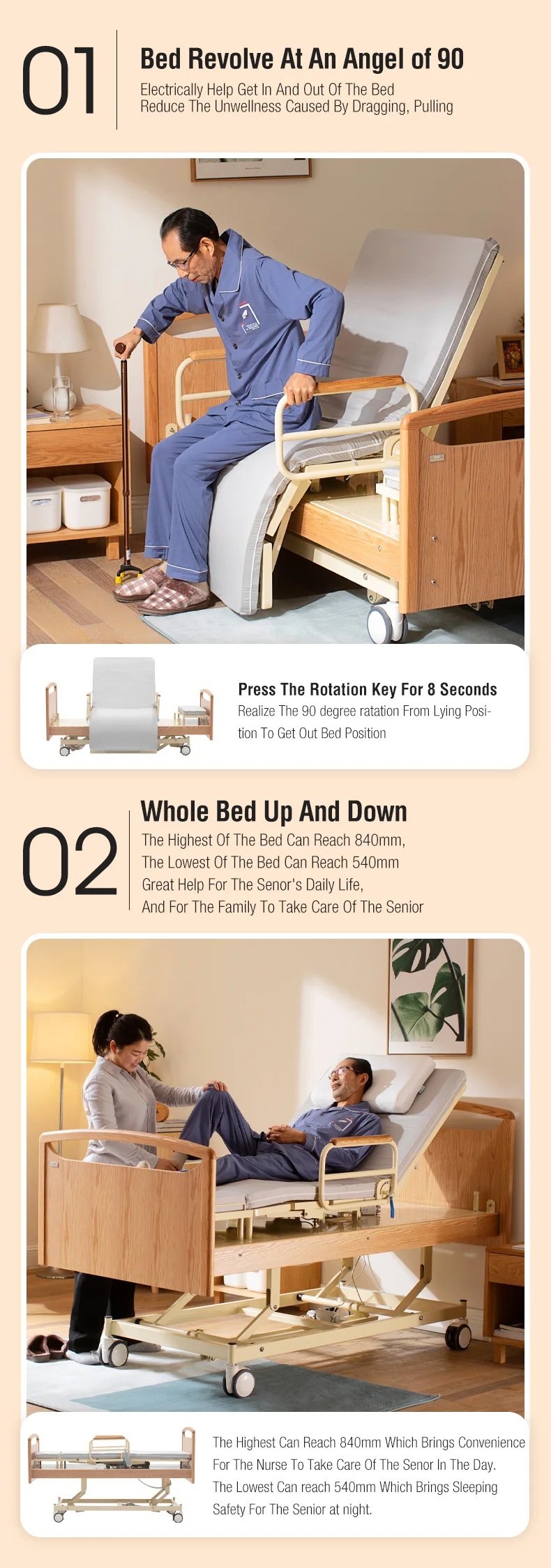 Wood Folding Smart Home Multi Function electric mobility care bed