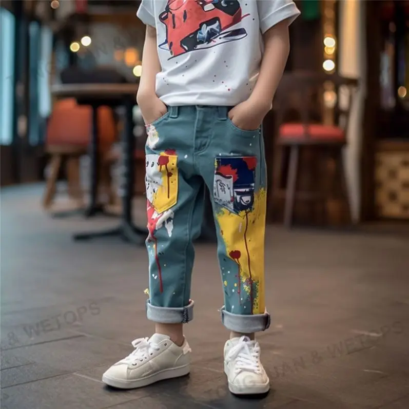 Wholesale Children Elastic Waist Jean Pants Paint Print Side Stripe Denim Ripped Straight Jeans For Kids Boy