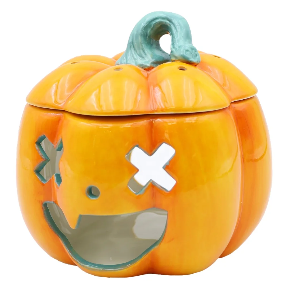 Custom Halloween style pumpkin shape oil burner aroma diffuser fragrance tealight candle essential waste ceramic wax melt warmer