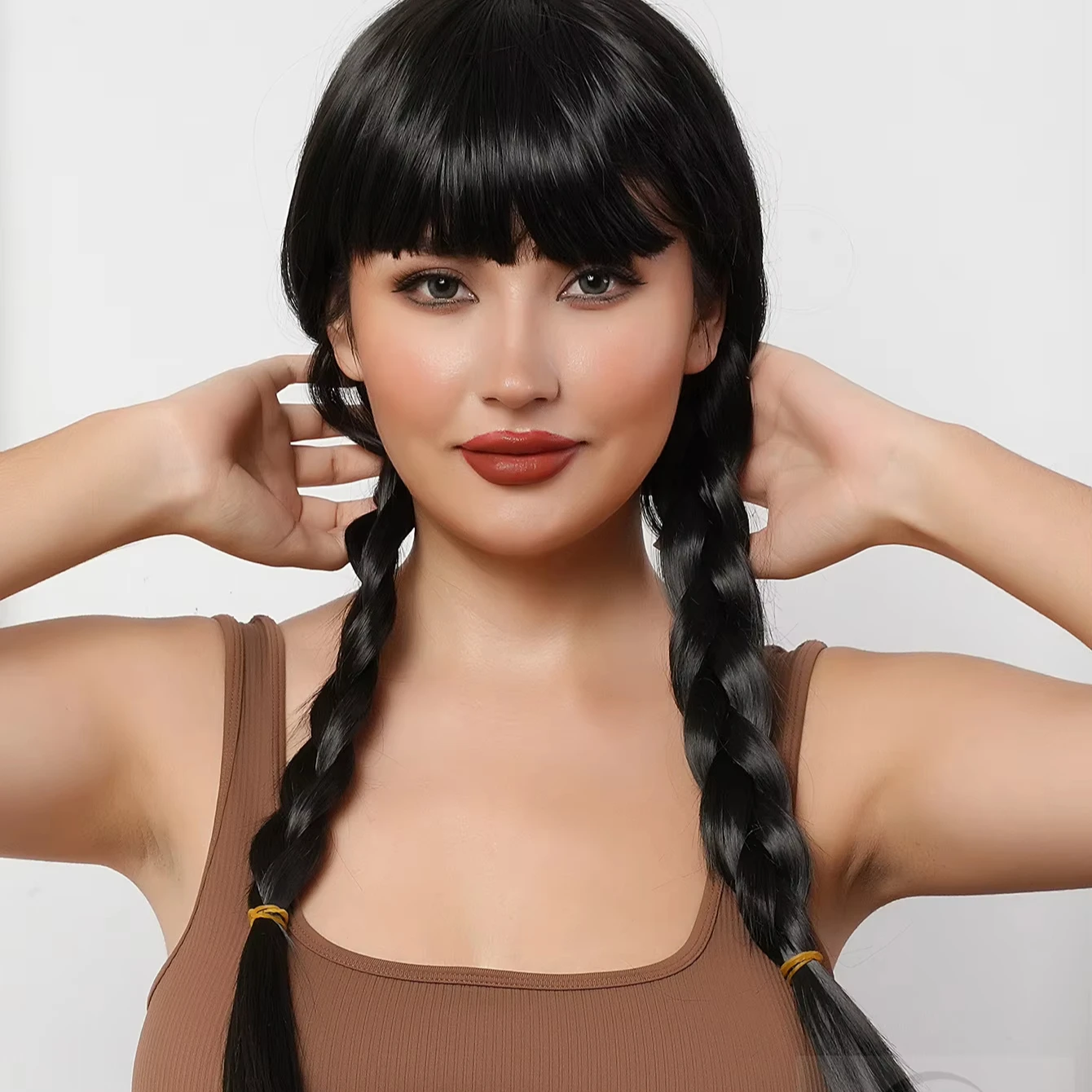 HD 40 inch  full lace front black double long ponytail twist braid cosplay animation wig