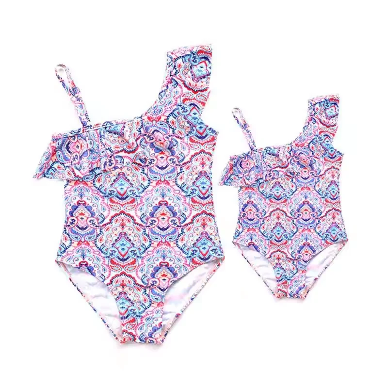 Wide Shoulder Straps Sapphire One-Piece Printing Girl Children Swimsuit