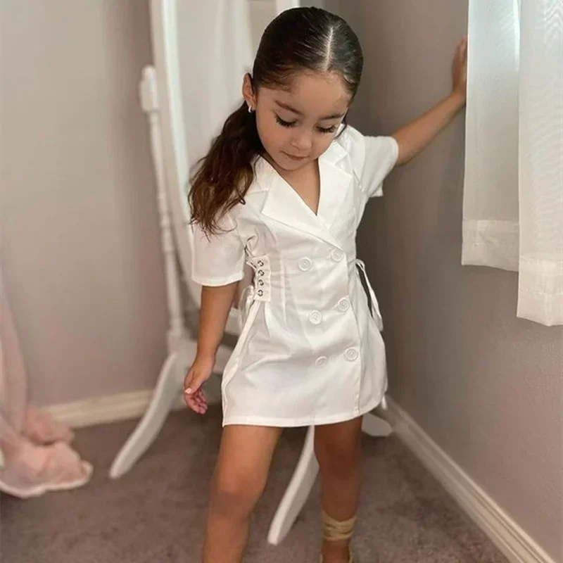 2-7 Age New Turn Down Collar Lacing Waist Skirt Summer Fashion Children a Line Dress Girl Clothes 4-5 Years Custom Dress Shirt