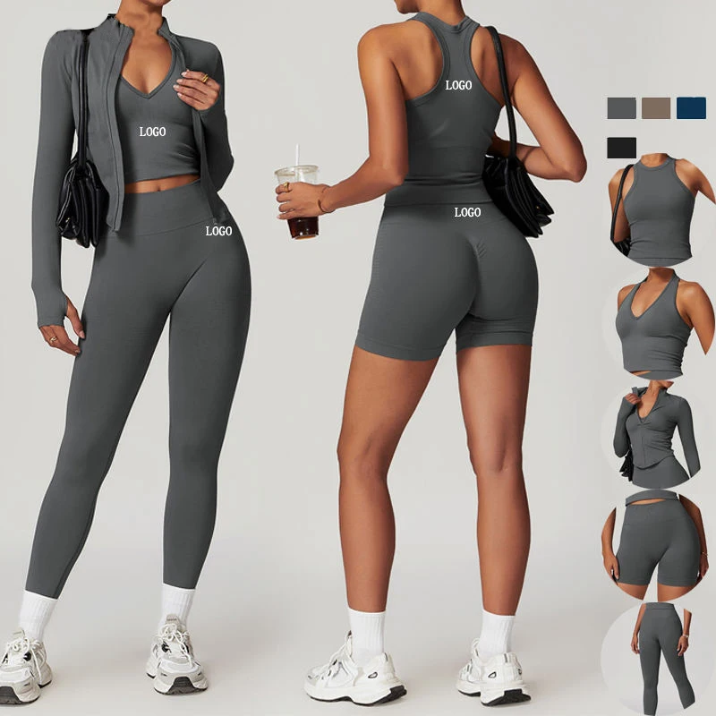 Factory Custom Popular Seamless Yoga Suit 5 Piece Sports Shirts Crop Top Leggings Gym Clothes Fitness Tracksuit Workout Set