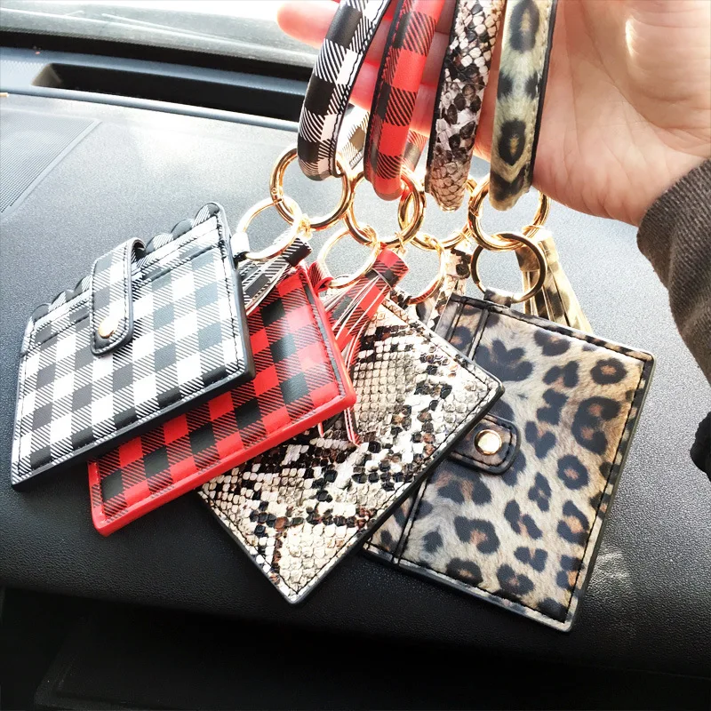 Hot Leopard Bracelet PU Leather Gift Snake Bag Card Bags Women Beaded Wristlet Hangle Wallet Bracelet Key Chain Classic
