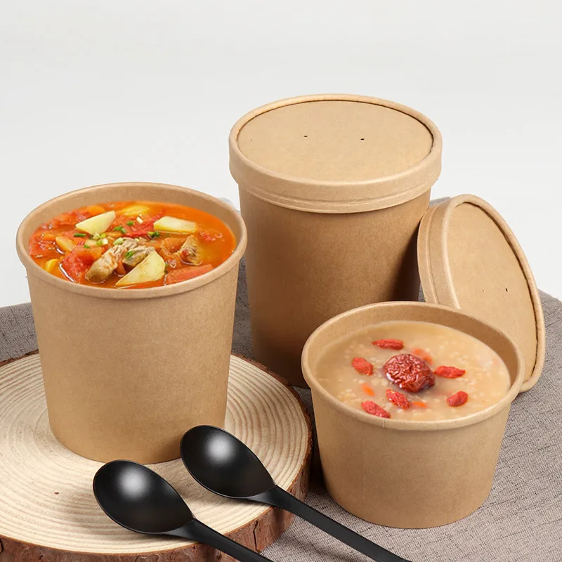 Customized Paper Soup Barrels With Paper Lids Takeaway 8oz 12oz 16oz 26oz 32oz Kraft Paper Soup Cup