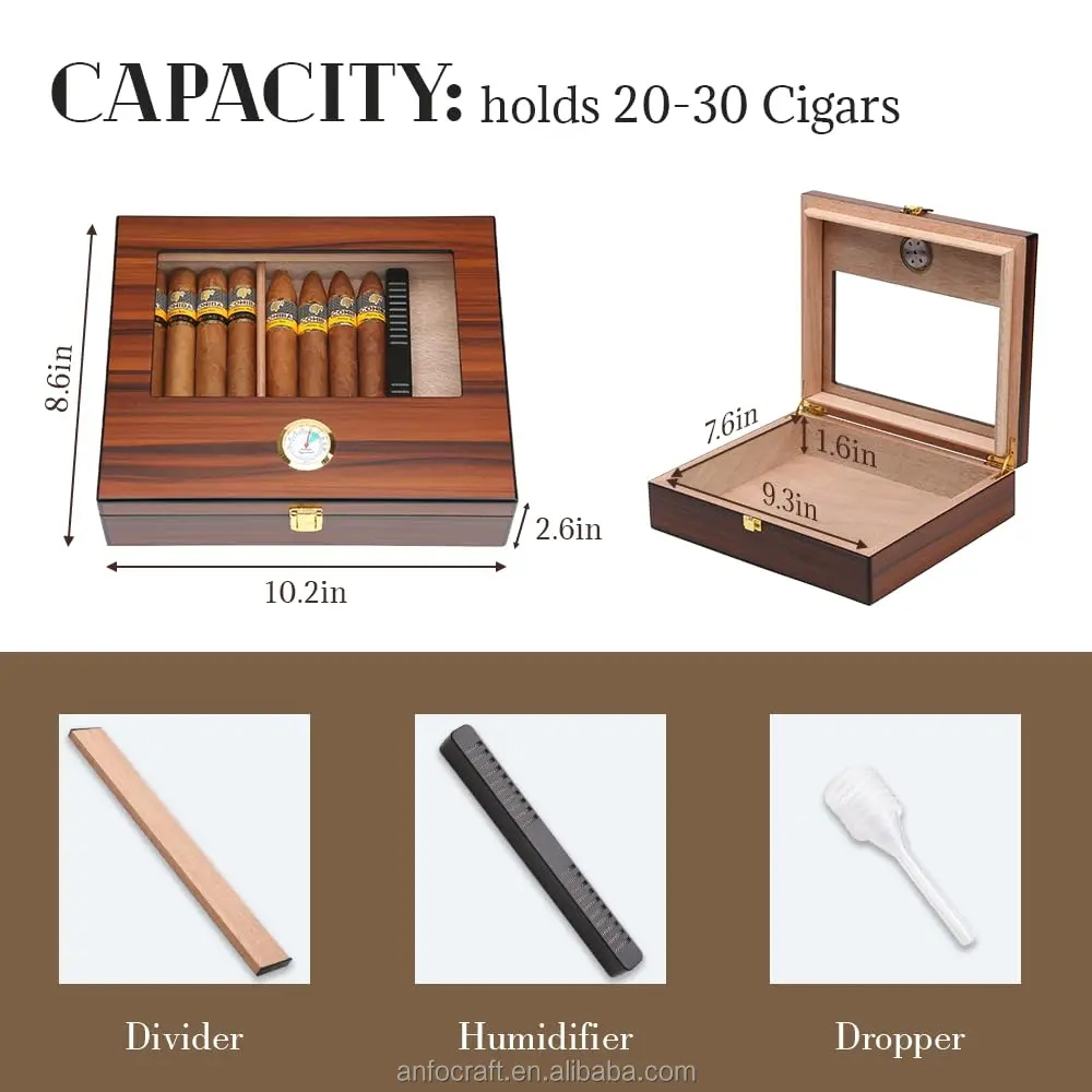 Spanish Cedar Tray Divider Humidifier Wooden Glass Top Cigar Box with Hygrometer Gift for Men Holding Cigars