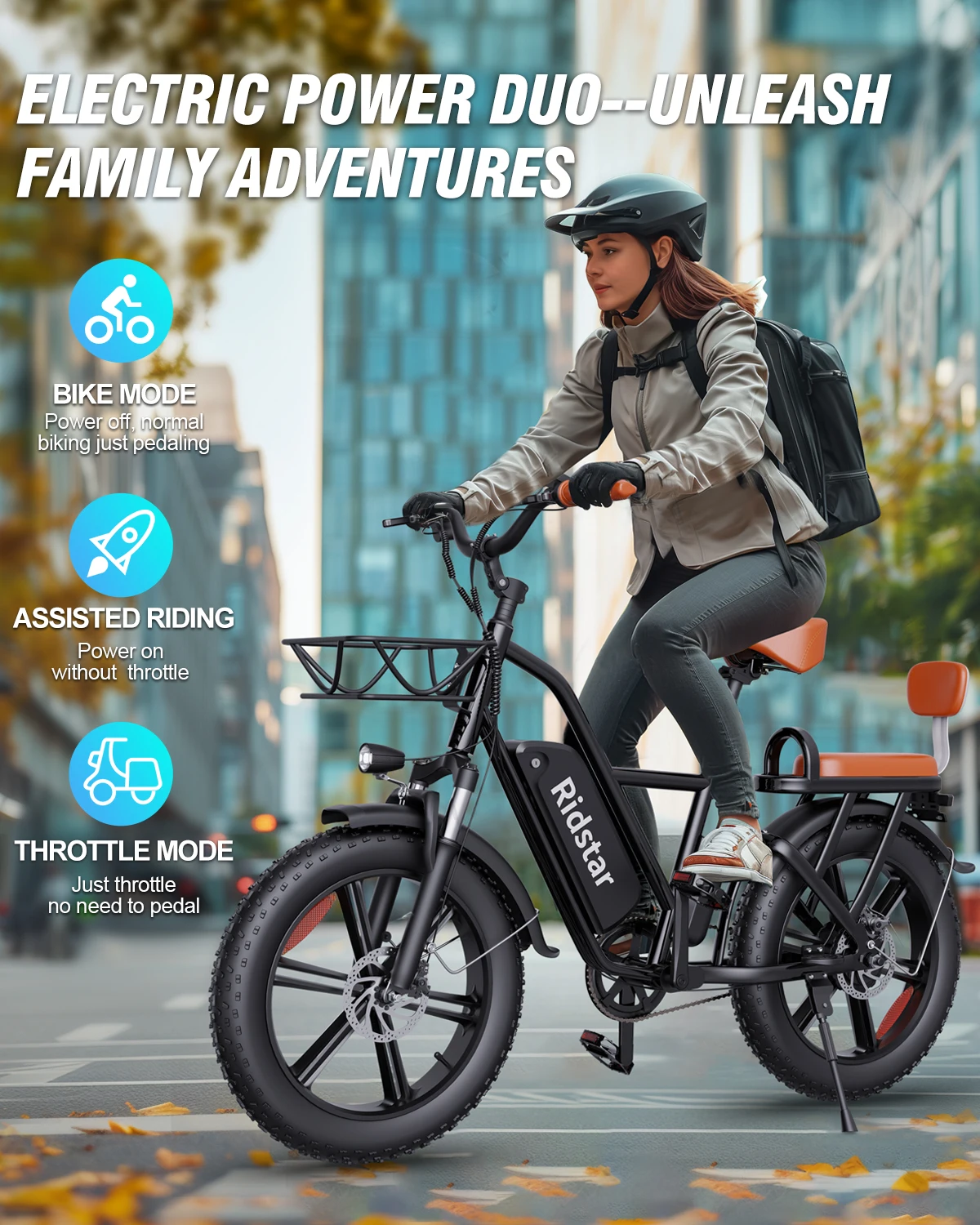 Free Shipping Thick Tyre Eletrica Bicicleta 20 Inch Wheels 1000W 15ah Electric Bicycle with Kids Seat Electronic Lithium Battery