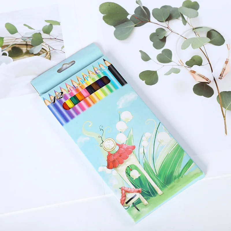 Longorgeous  Kawaii Stationery Kraft Paper Box Kids 12 Color Lapices Artist Drawing Colour Pencils Set