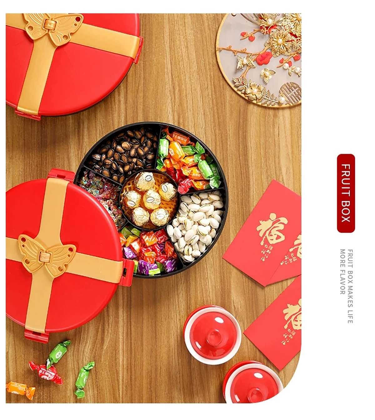 Wholesales China Red BOW-TIE Design Candy Tray Plastic Food Box Nuts Dried Fruit Candy Tray With Lid