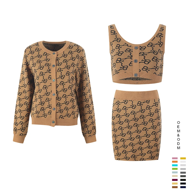 Custom Logo cozy knit set 3 piece Women Cardigan Crop Top and Skirt Women Sets Sexy 3 Piece outfits Sets